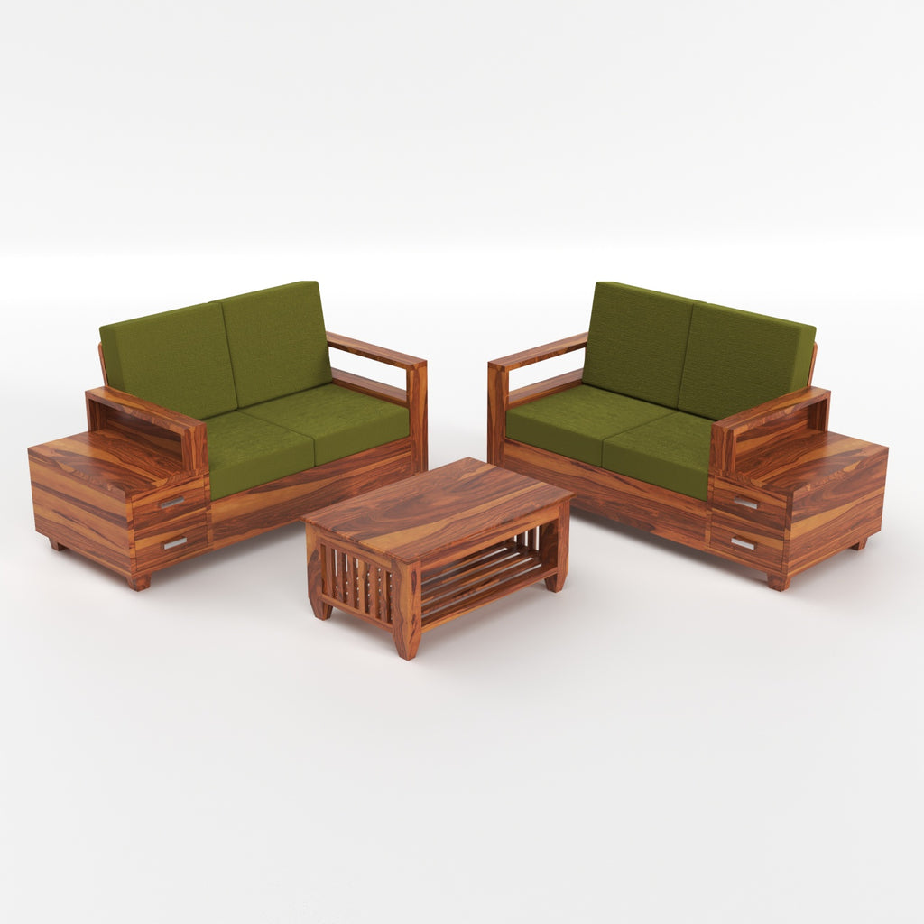 Solid Sheesham Wood 4 Seater Sofa with Side Storage – Natural Finish