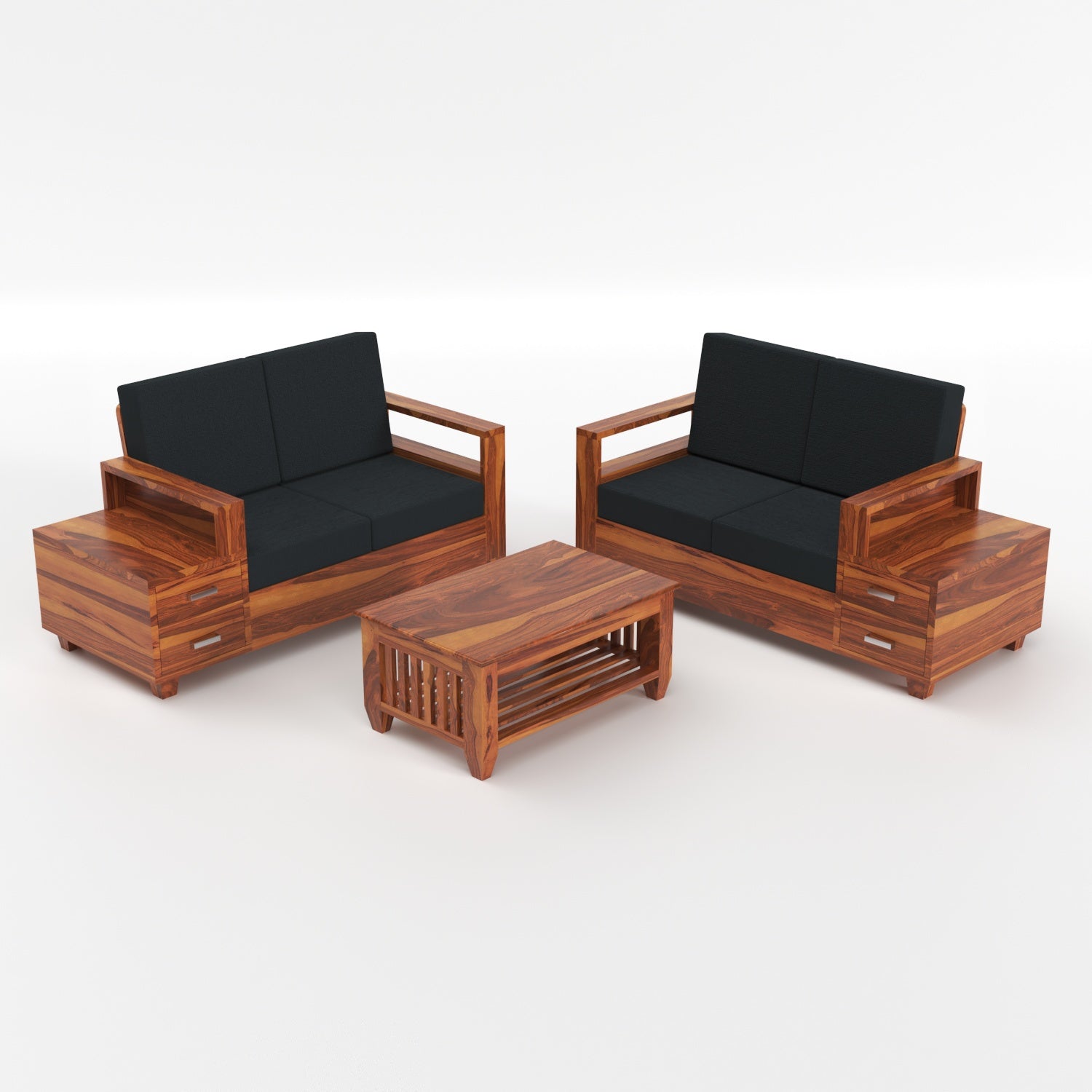 Solid Sheesham Wood 4 Seater Sofa with Side Storage – Natural Finish