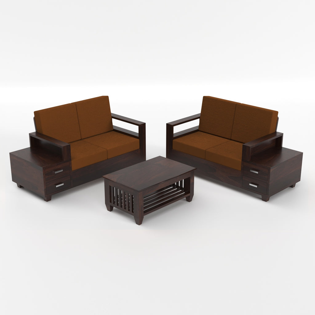 Solid Sheesham Wood 4 Seater Sofa with Side Storage – Walnut Finish