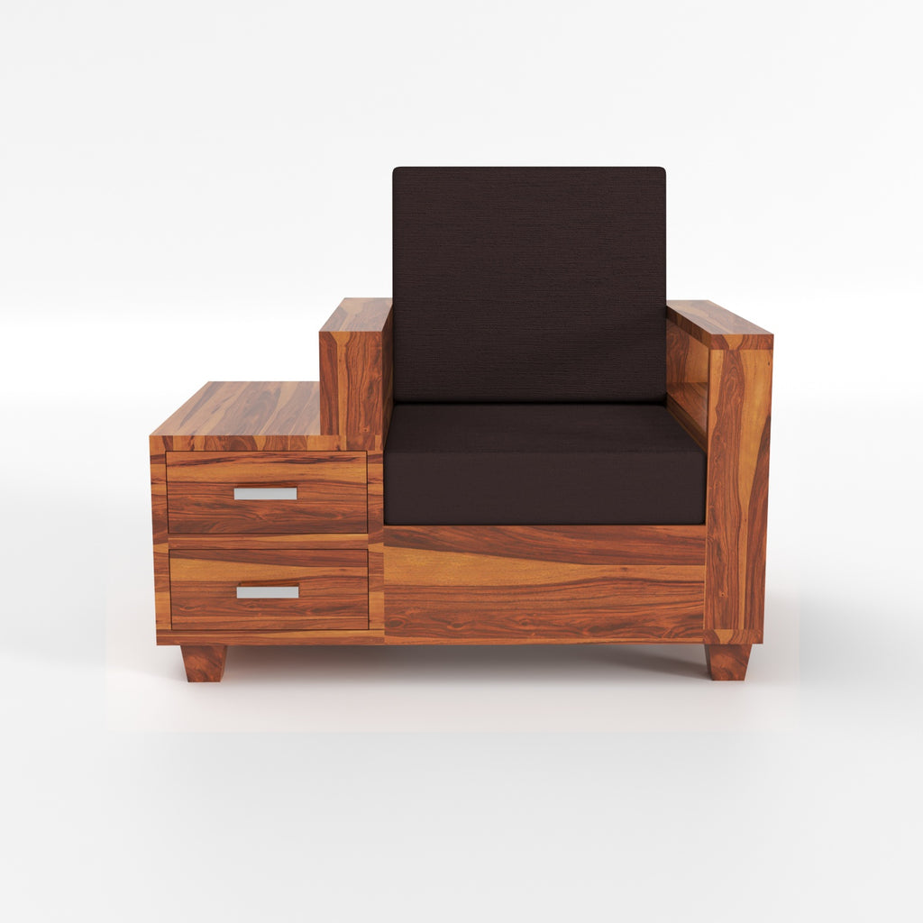 Colaba Sheesham Wood 1 Seater Sofa with Side Box Drawer | Natural Finish