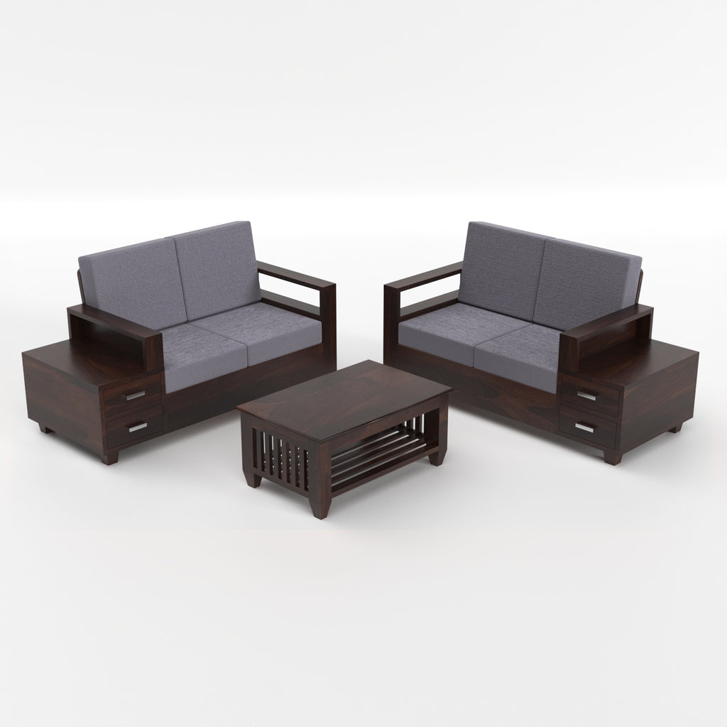 Solid Sheesham Wood 4 Seater Sofa with Side Storage – Walnut Finish