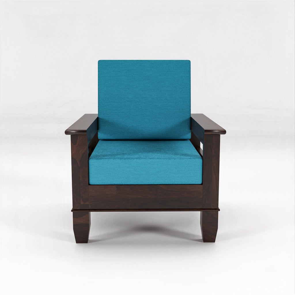Solid Sheesham Wood Single Seater Sofa Chair with Teal Upholstery – Walnut Finish