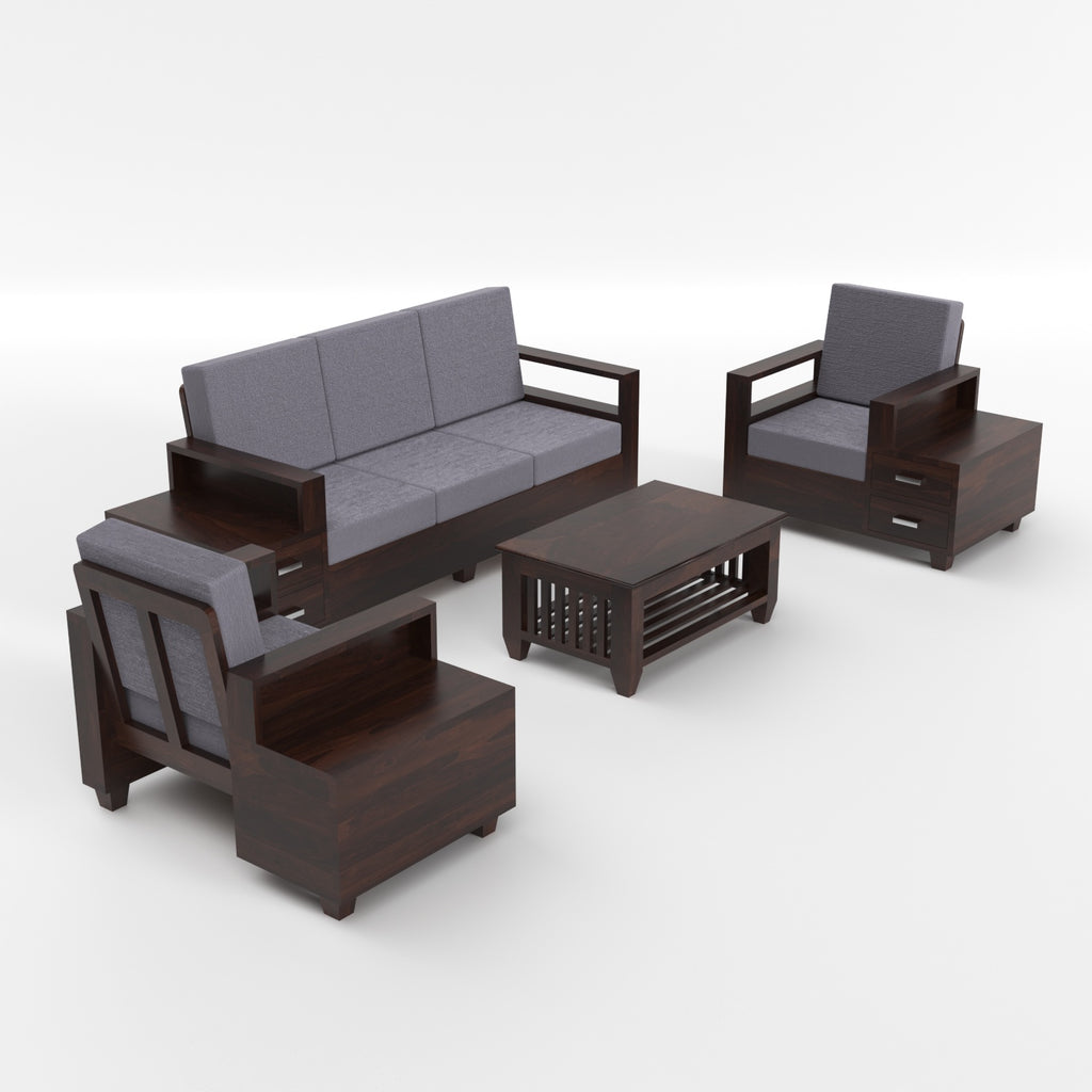 Solid Sheesham Wood 3+1+1 Sofa Set with Side Drawers | 3 Years Warranty