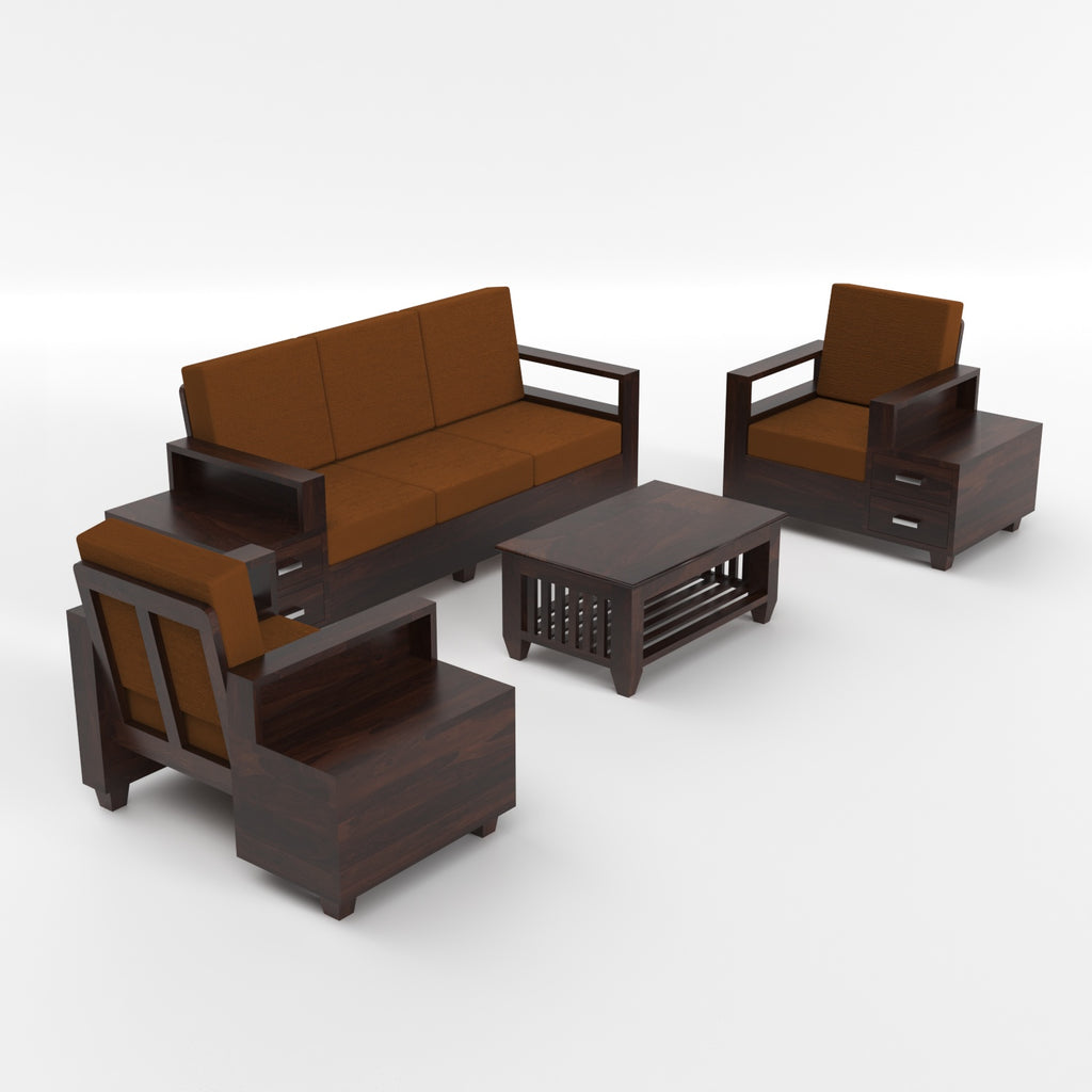 Solid Sheesham Wood 3+1+1 Sofa Set with Side Drawers | 3 Years Warranty