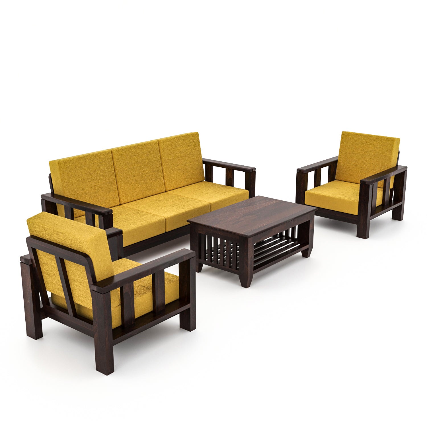 Solid Sheesham Wood 5 Seater Wooden Sofa Set | Walnut Finish