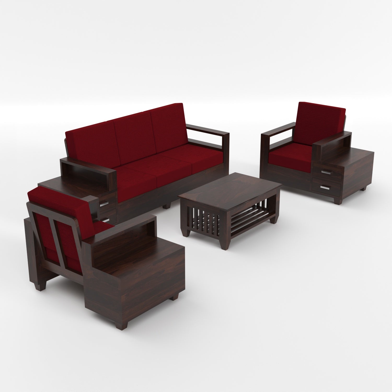 Solid Sheesham Wood 3+1+1 Sofa Set with Side Drawers | 3 Years Warranty