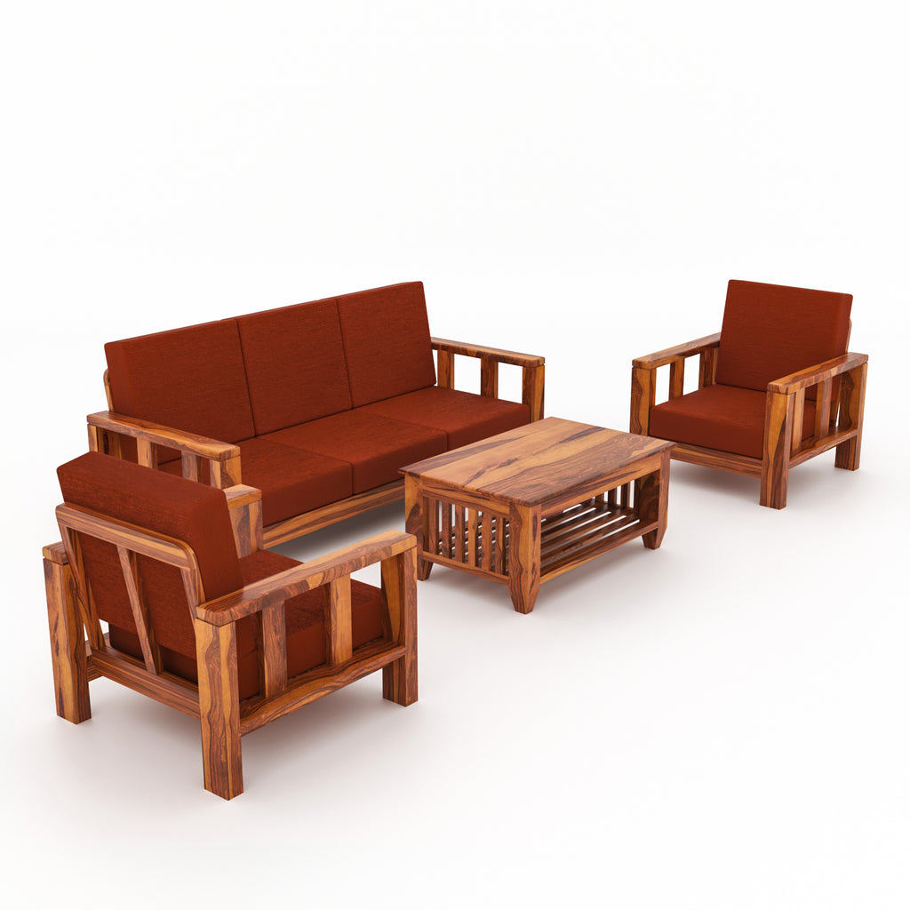 Solid Sheesham Wood 5 Seater Wooden Sofa Set | Natural Finish