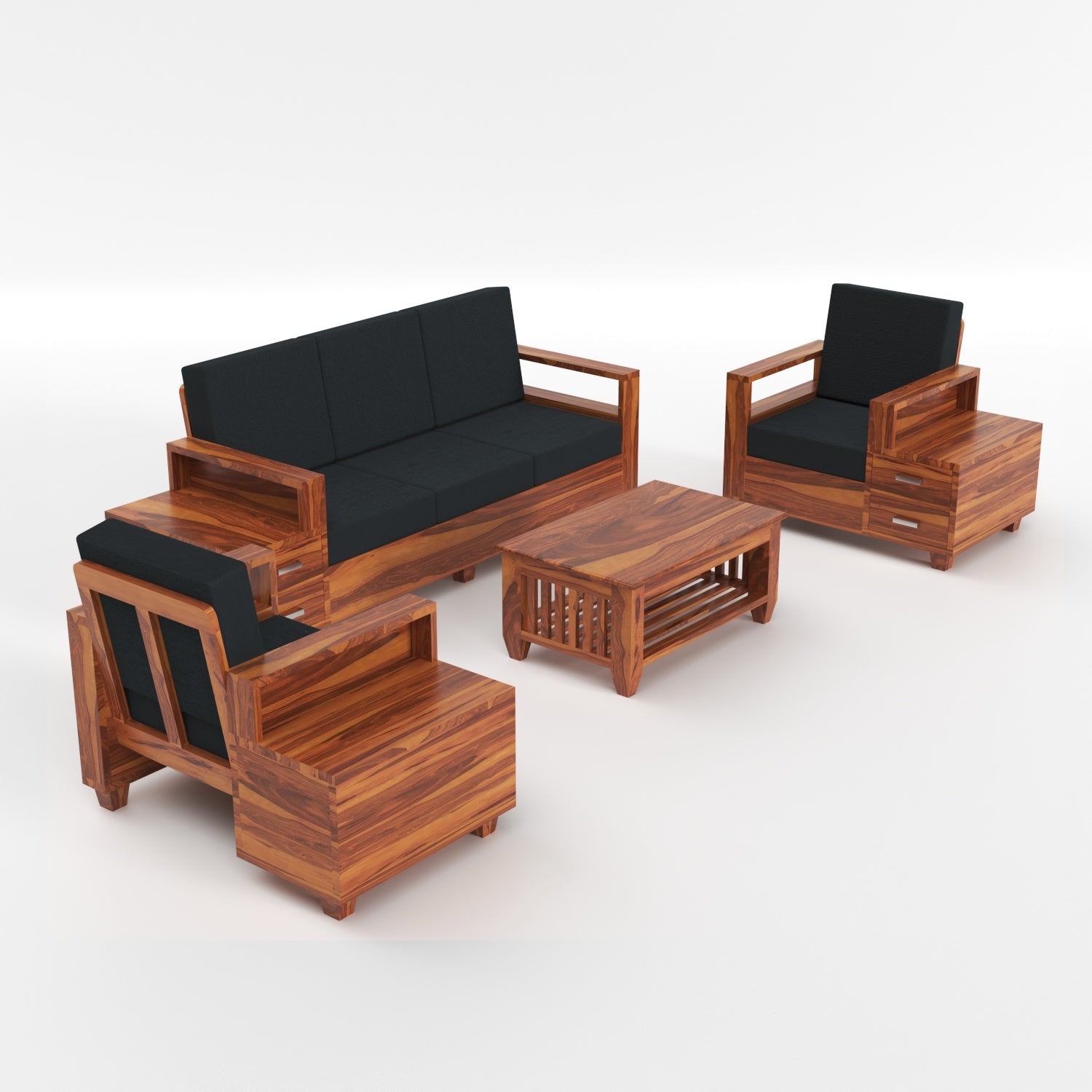 Auralis Solid Sheesham Wood 3+1+1 Sofa Set with Side Drawers | 3 Years Warranty