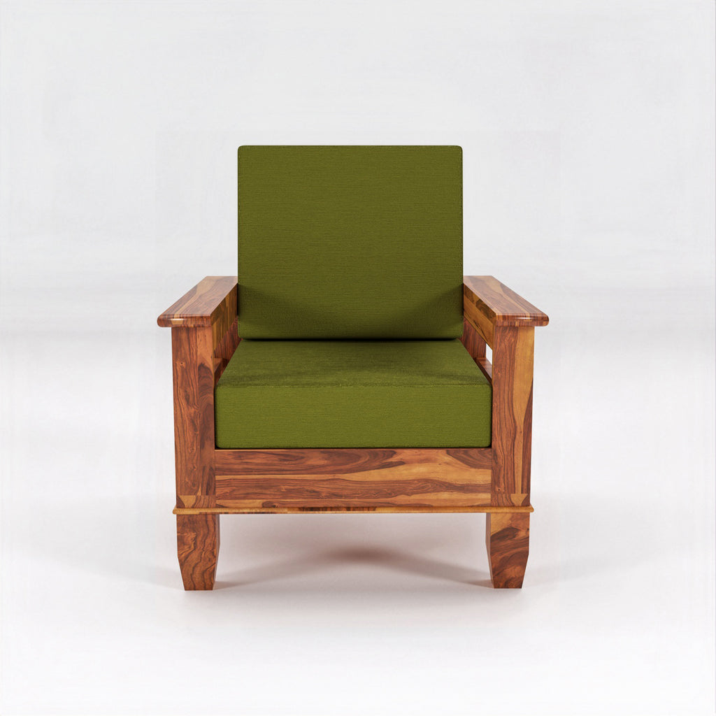Solid Sheesham Wood Single Seater Sofa Chair with Blue Upholstery – Natural Finish