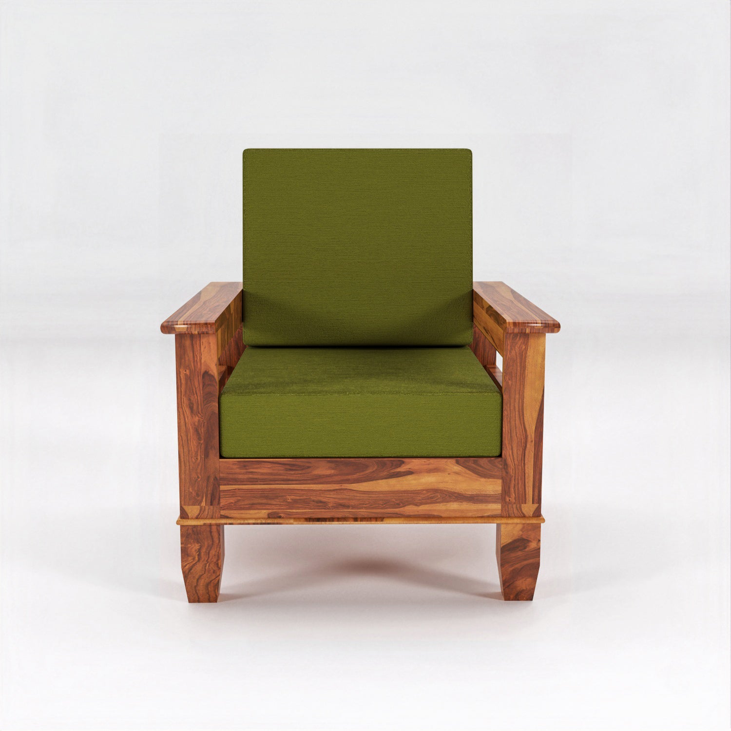 Solid Sheesham Wood Single Seater Sofa Chair with Blue Upholstery – Natural Finish