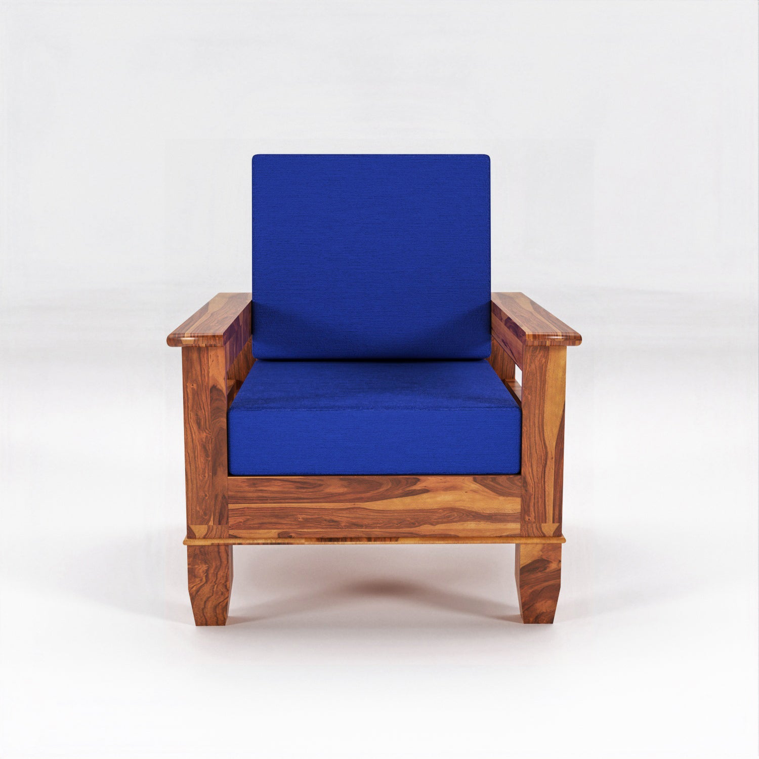 Solid Sheesham Wood Single Seater Sofa Chair with Blue Upholstery – Natural Finish