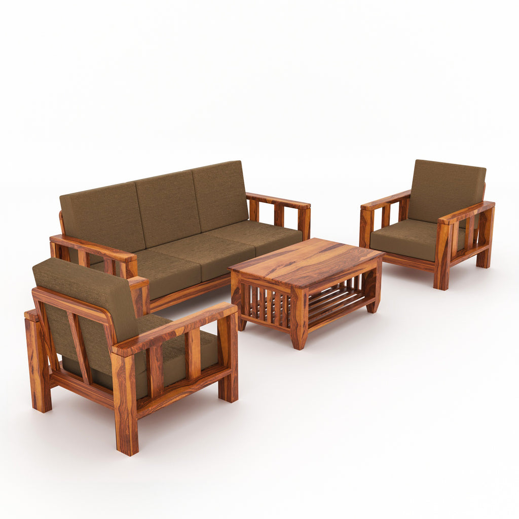 Solid Sheesham Wood 5 Seater Wooden Sofa Set | Natural Finish