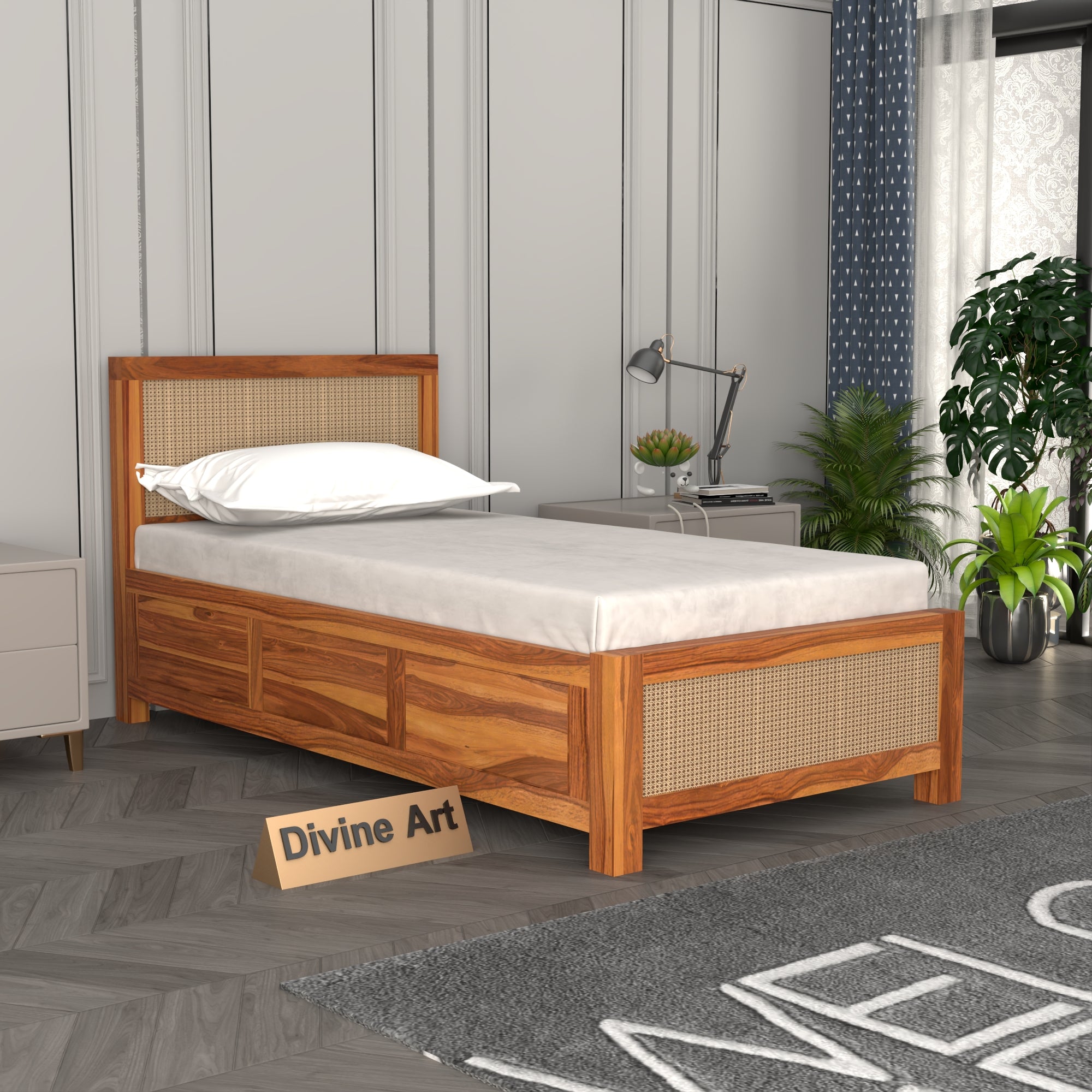 Solid Sheesham Wood Single Bed with Storage