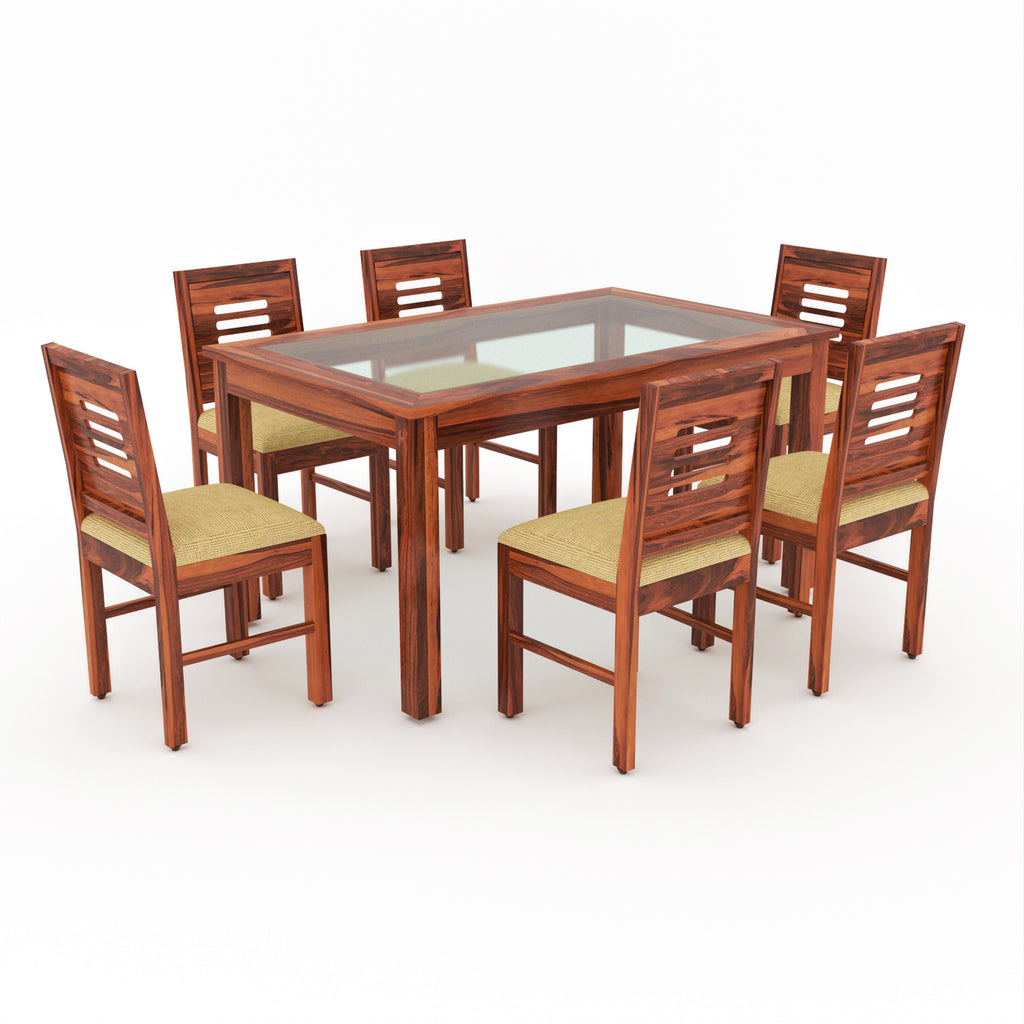 Omnira 6 Seater Round Solid Wood Glass Top Dining Table Set