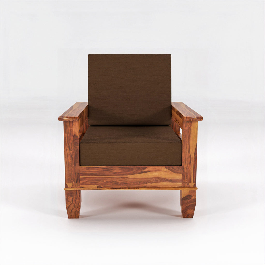 Solid Sheesham Wood Single Seater Sofa Chair with Blue Upholstery – Natural Finish