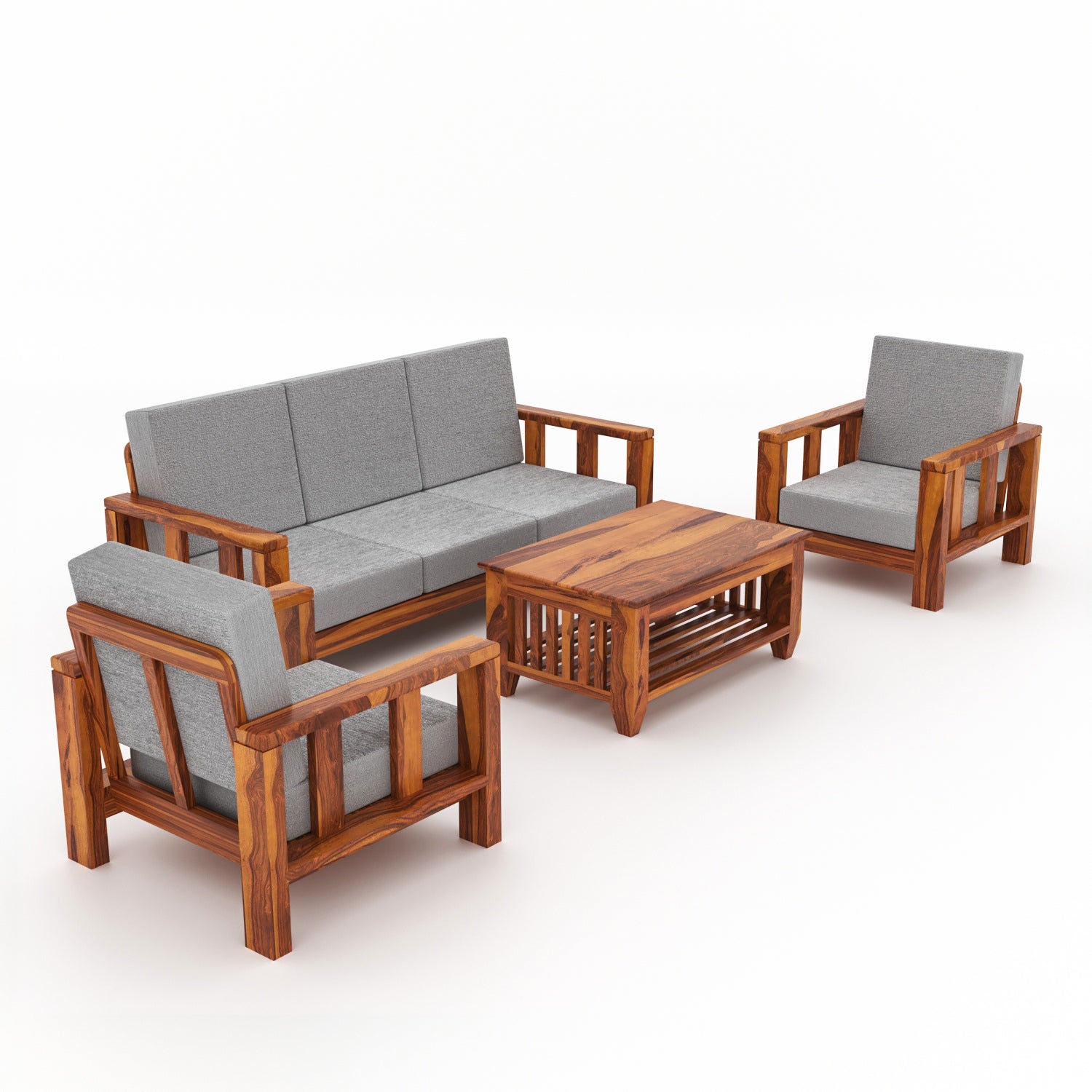 Solid Sheesham Wood 5 Seater Wooden Sofa Set | Natural Finish