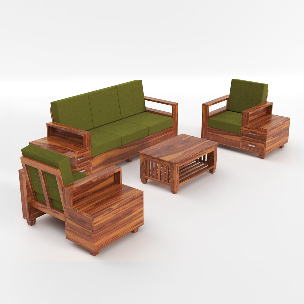 Auralis Solid Sheesham Wood 3+1+1 Sofa Set with Side Drawers | 3 Years Warranty