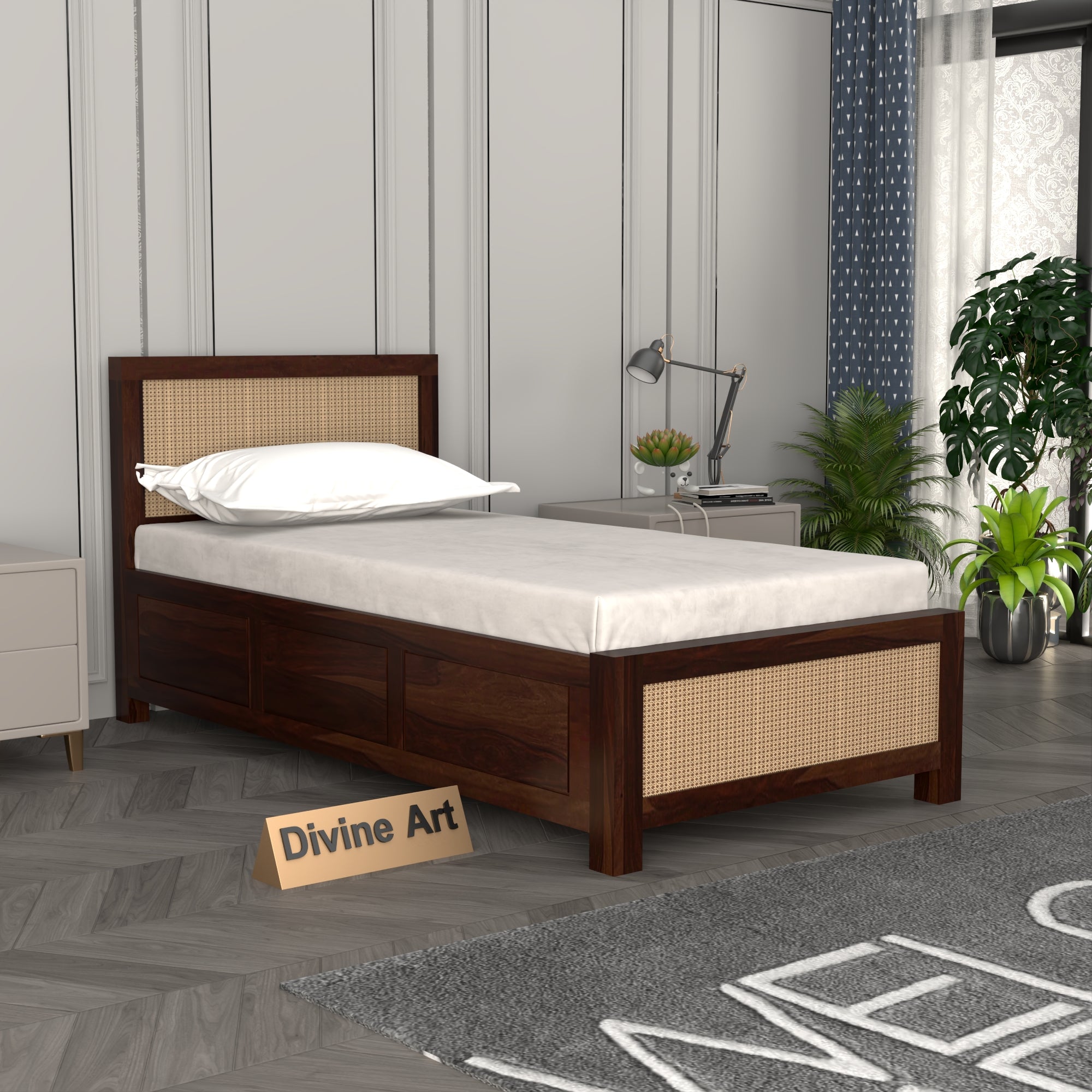 Solid Sheesham Wood Single Bed with storage