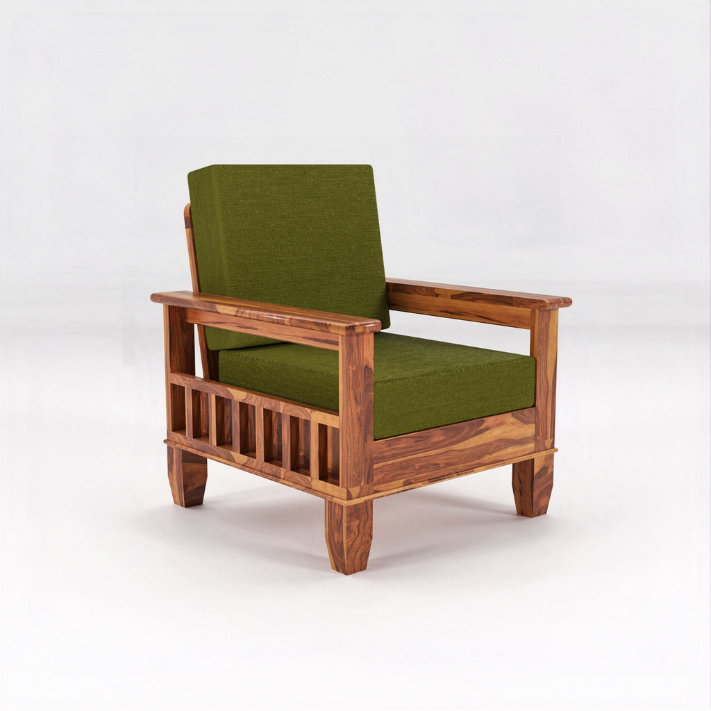Solid Sheesham Wood Single Seater Sofa Chair with Blue Upholstery – Natural Finish