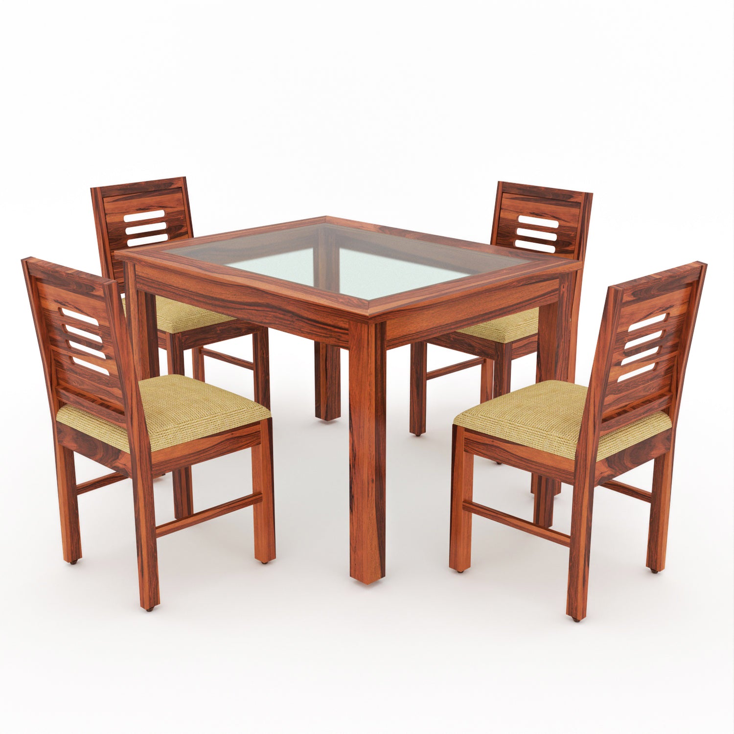 Kythera 4 Seater Round Solid Wood Glass Top Dining Table Set