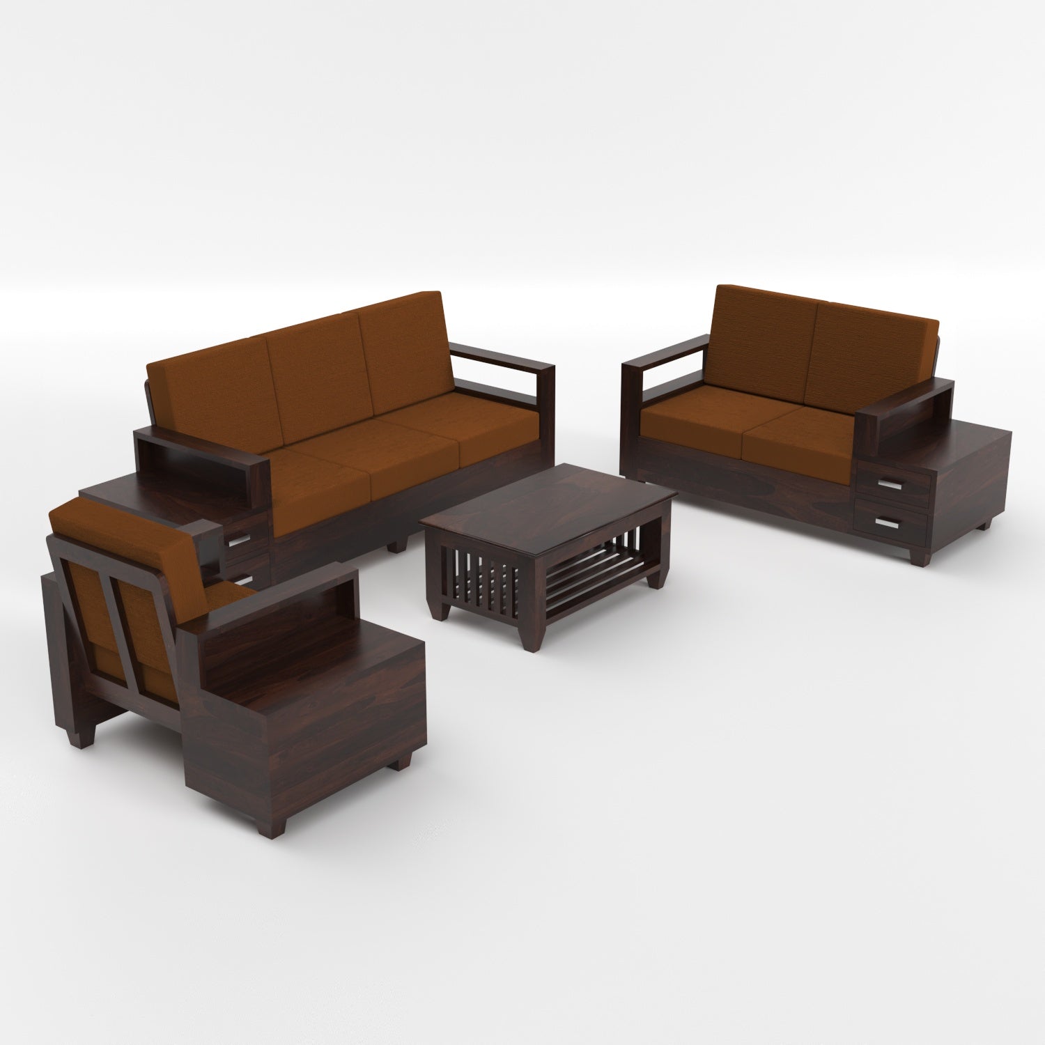 Premium Solid Sheesham Wood 6 Seater Sofa Set with Storage | Walnut Finish