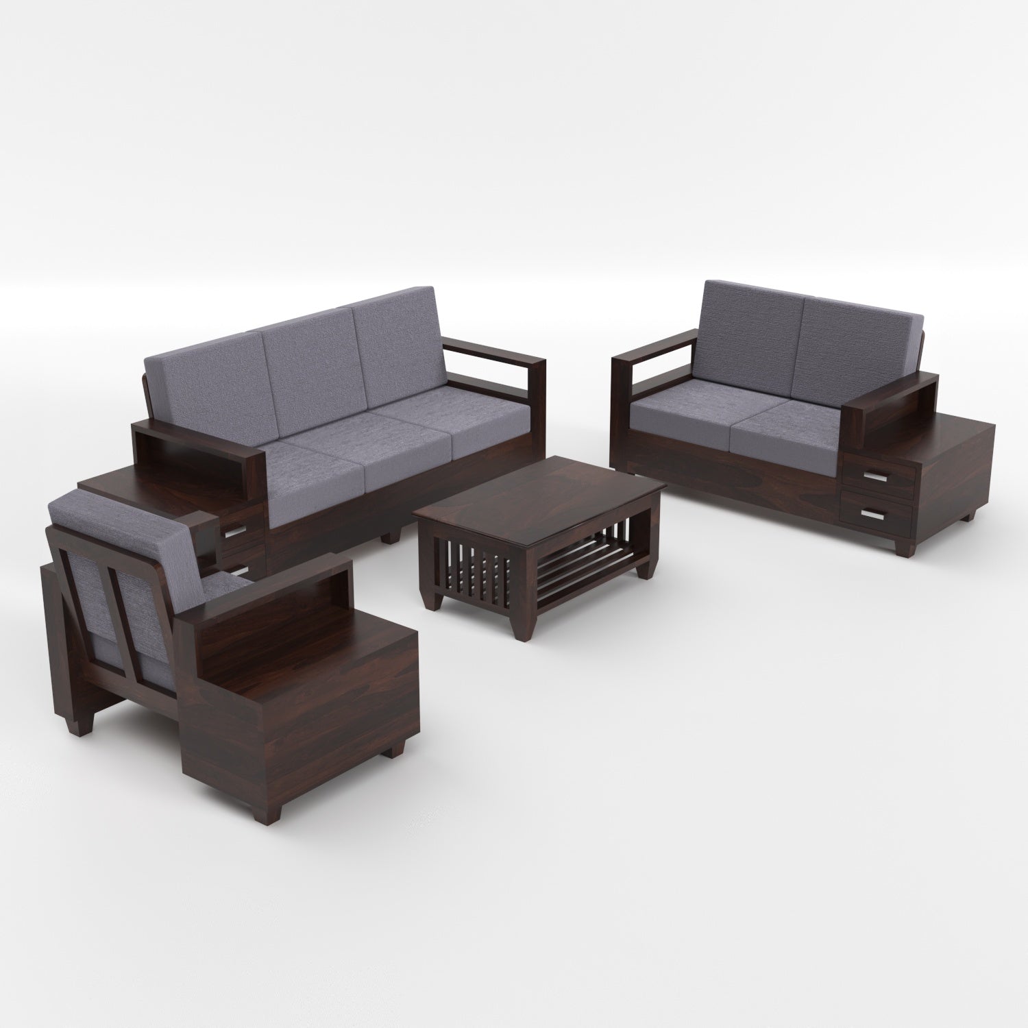 Premium Solid Sheesham Wood 6 Seater Sofa Set with Storage | Walnut Finish