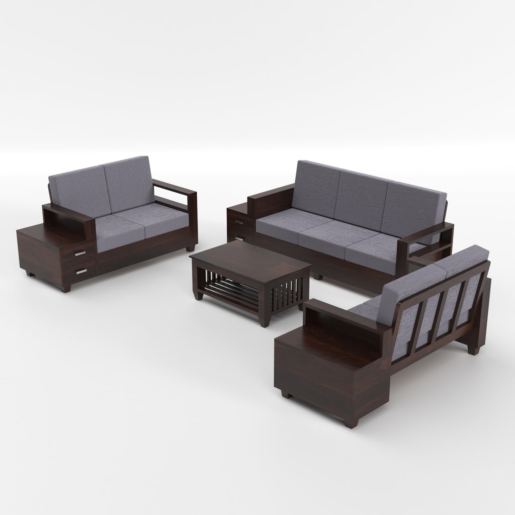 Solid Sheesham Wood 7 Seater Wooden Sofa Set with Side Drawer