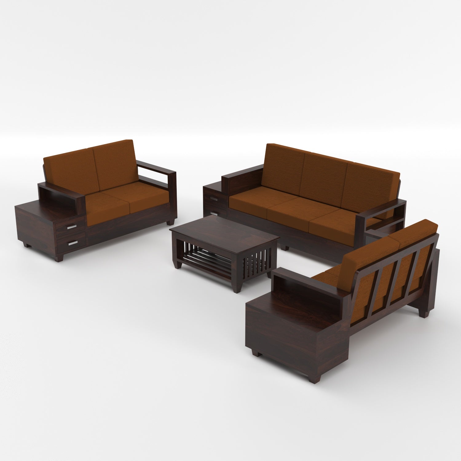 Solid Sheesham Wood 7 Seater Wooden Sofa Set with Side Drawer