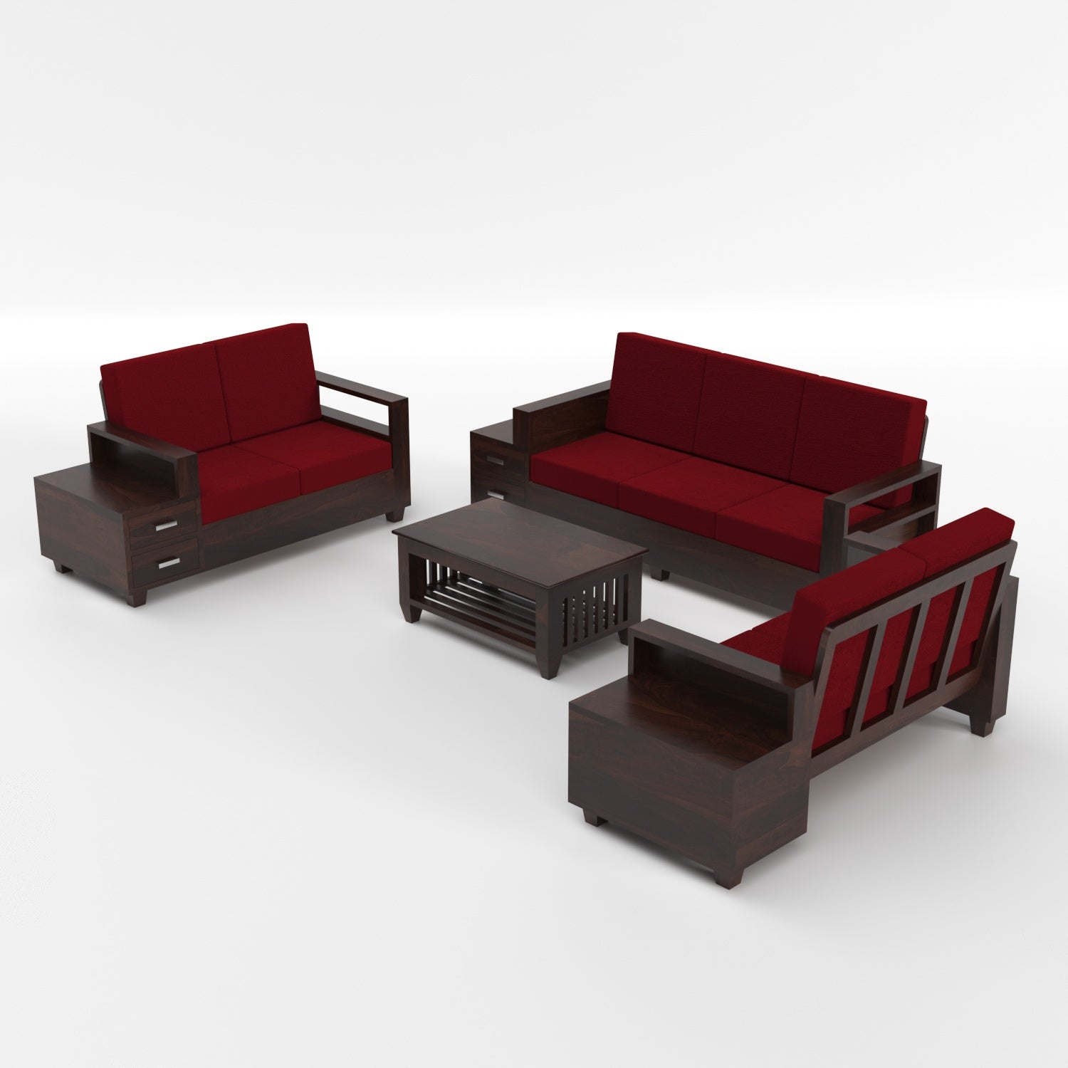 Solid Sheesham Wood 7 Seater Wooden Sofa Set with Side Drawer