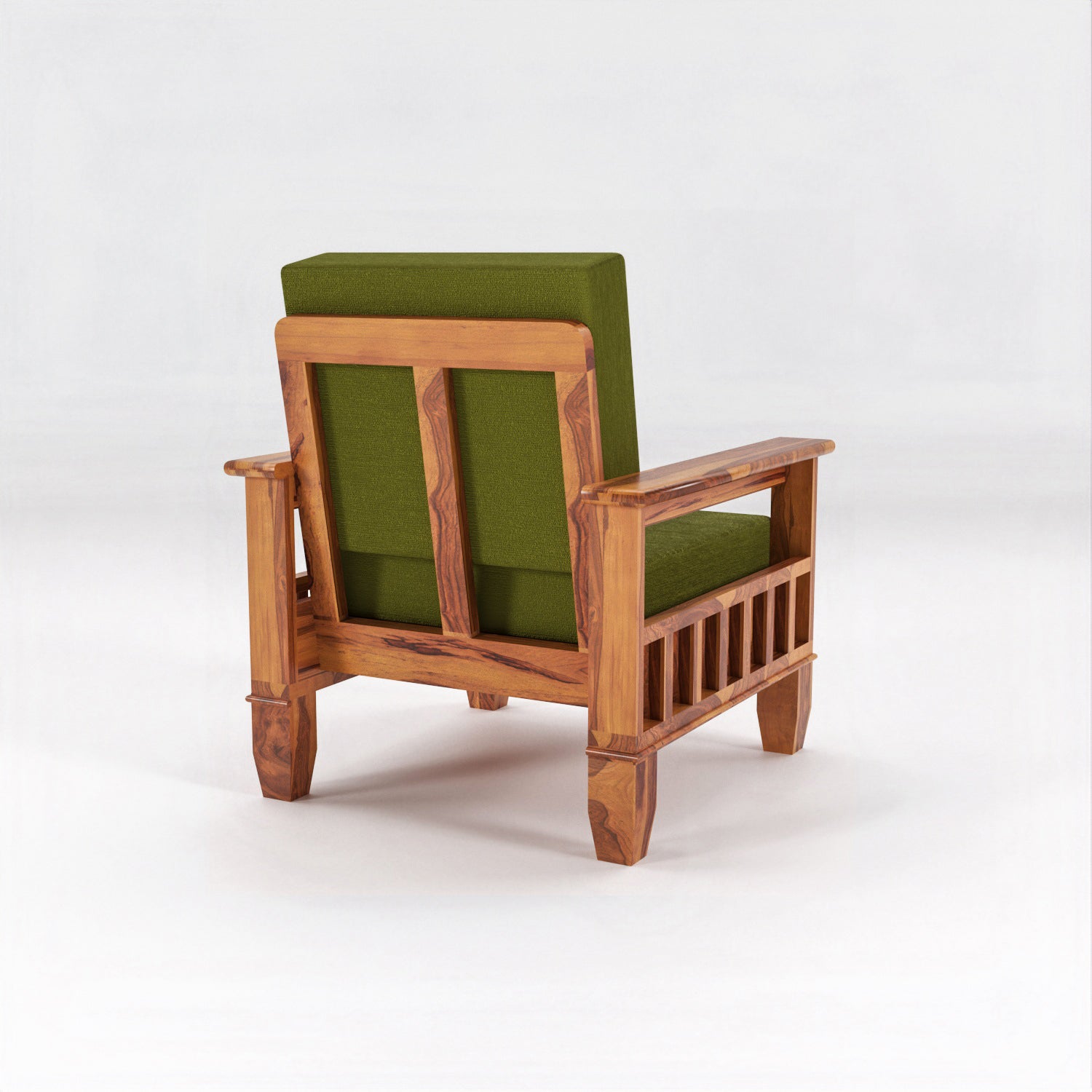 Solid Sheesham Wood Single Seater Sofa Chair with Blue Upholstery – Natural Finish