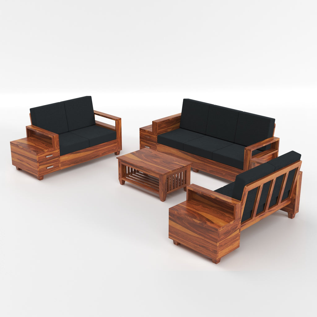 Solid Sheesham Wood 7 Seater Wooden Sofa Set with Side Drawer