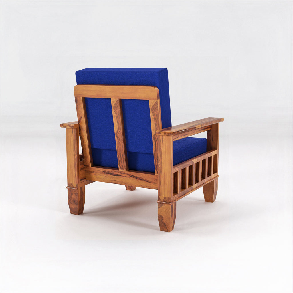 Solid Sheesham Wood Single Seater Sofa Chair with Blue Upholstery – Natural Finish
