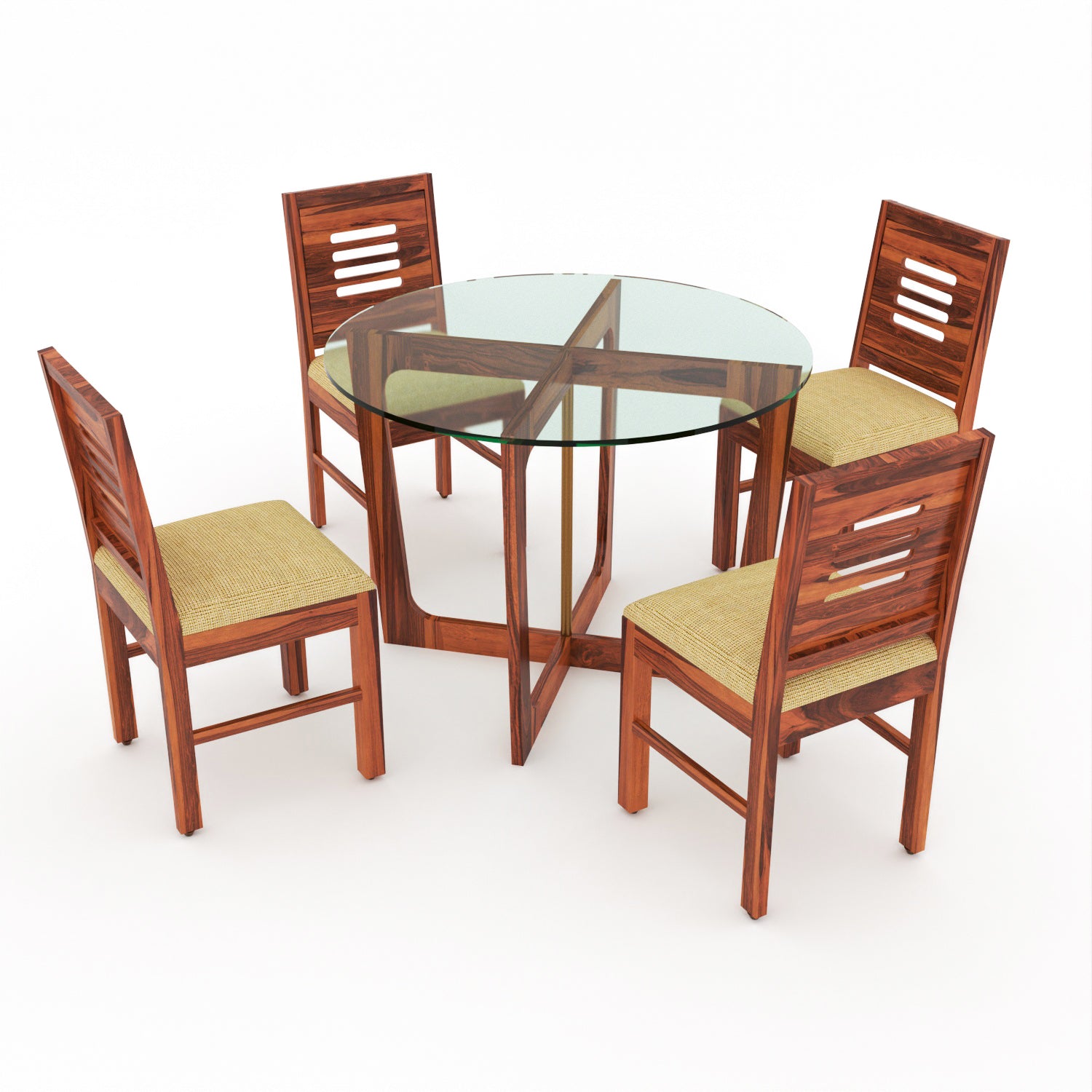 Aerith 4 Seater Round Solid Wood Glass Top Dining Table Set