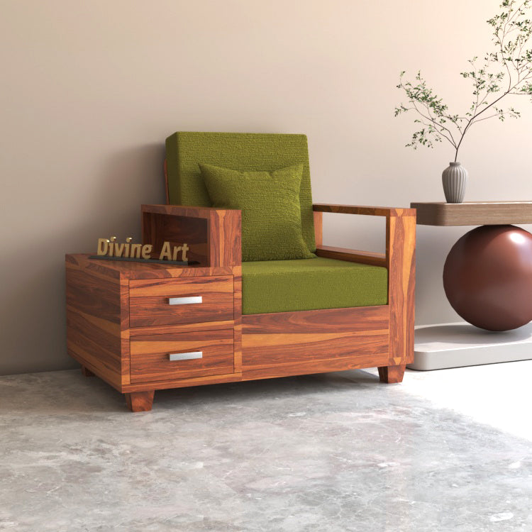 Colaba Sheesham Wood 1 Seater Sofa with Side Box Drawer | Natural Finish