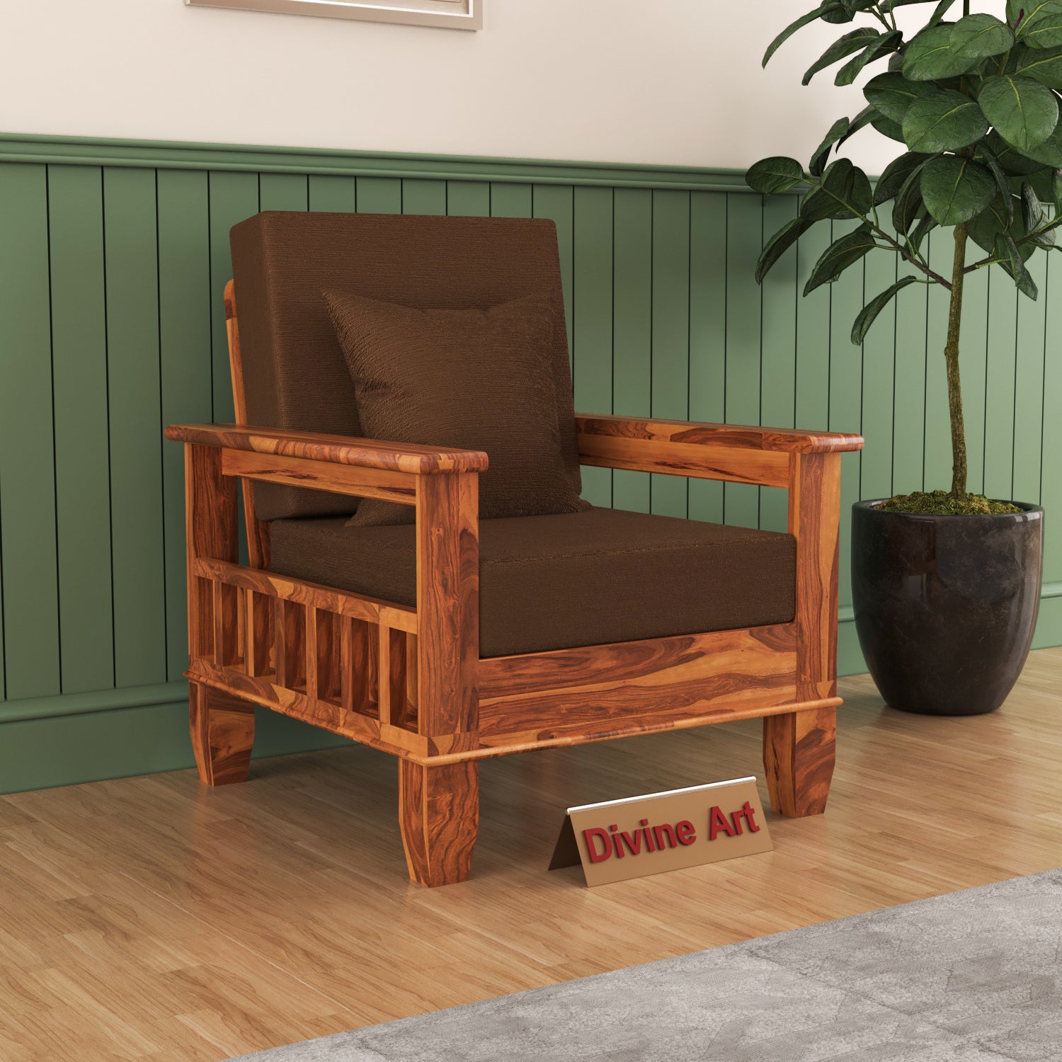 Solid Sheesham Wood Single Seater Sofa Chair with Blue Upholstery – Natural Finish