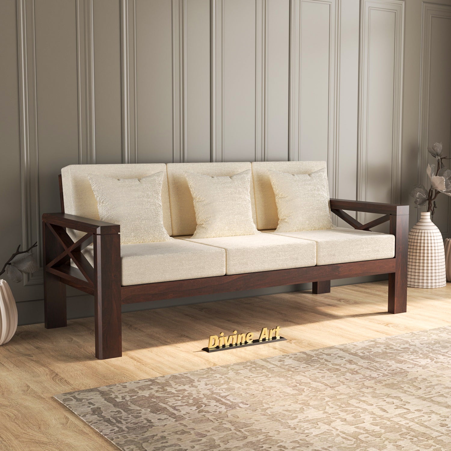 Solvane Sheesham Wood 3 Seater Sofa  | Walnut Finish