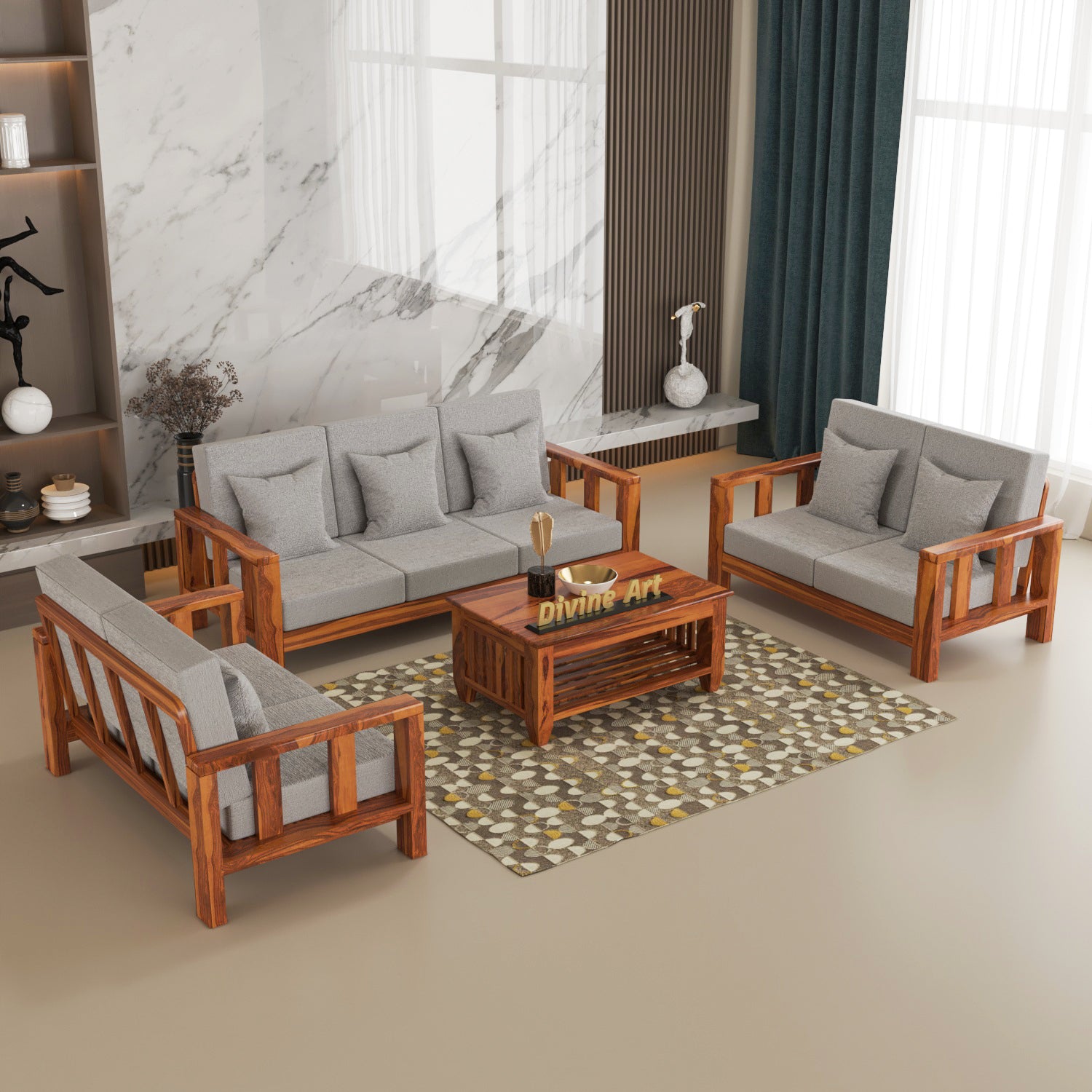 Solid Sheesham Wood 7 Seater Wooden Sofa Set | Natural Finish