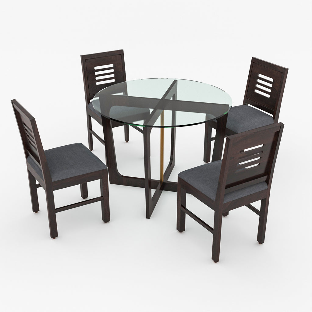 Aerith 4 Seater Round Solid Wood Glass Top Dining Table Set