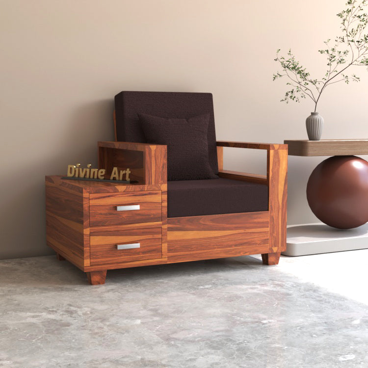 Colaba Sheesham Wood 1 Seater Sofa with Side Box Drawer | Natural Finish