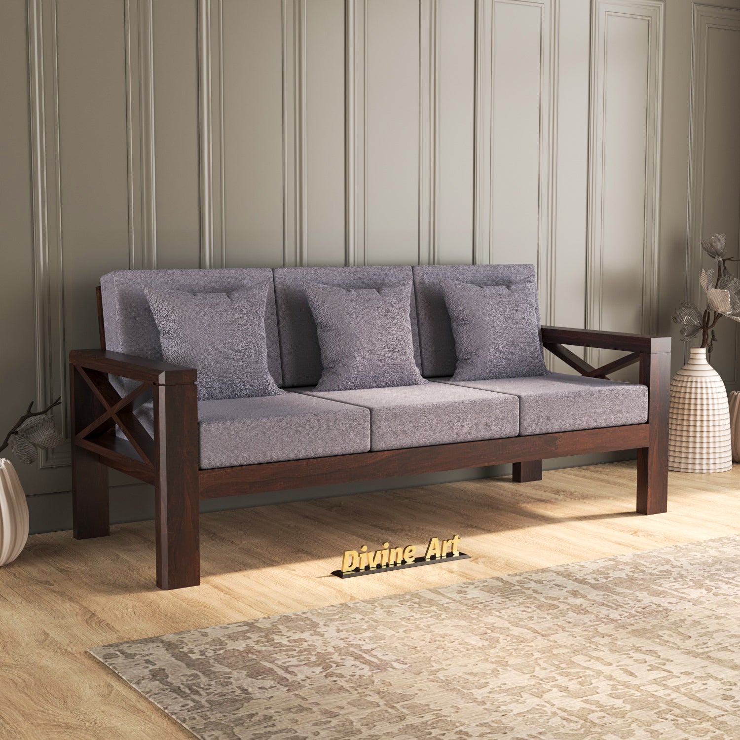 Solvane Sheesham Wood 3 Seater Sofa  | Walnut Finish