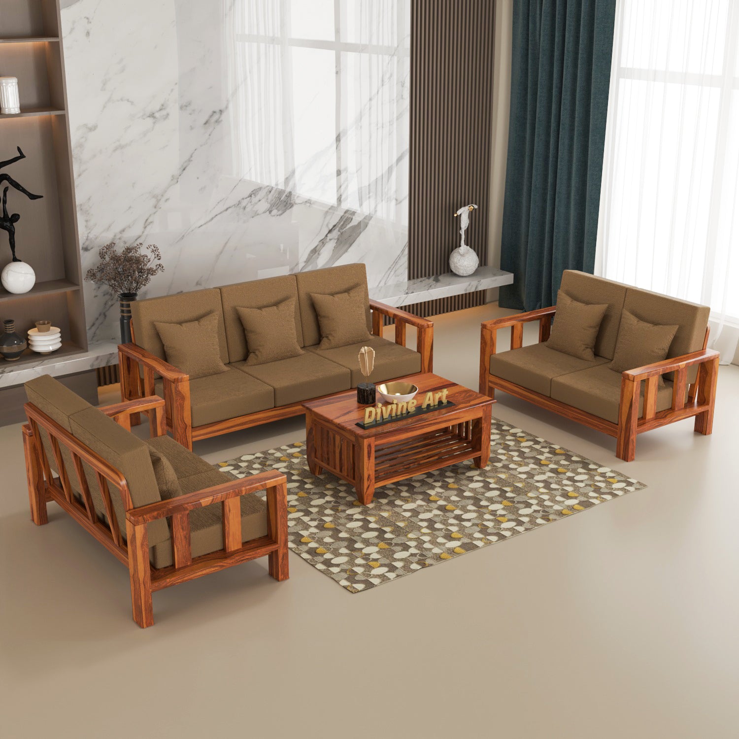 Solid Sheesham Wood 7 Seater Wooden Sofa Set | Natural Finish