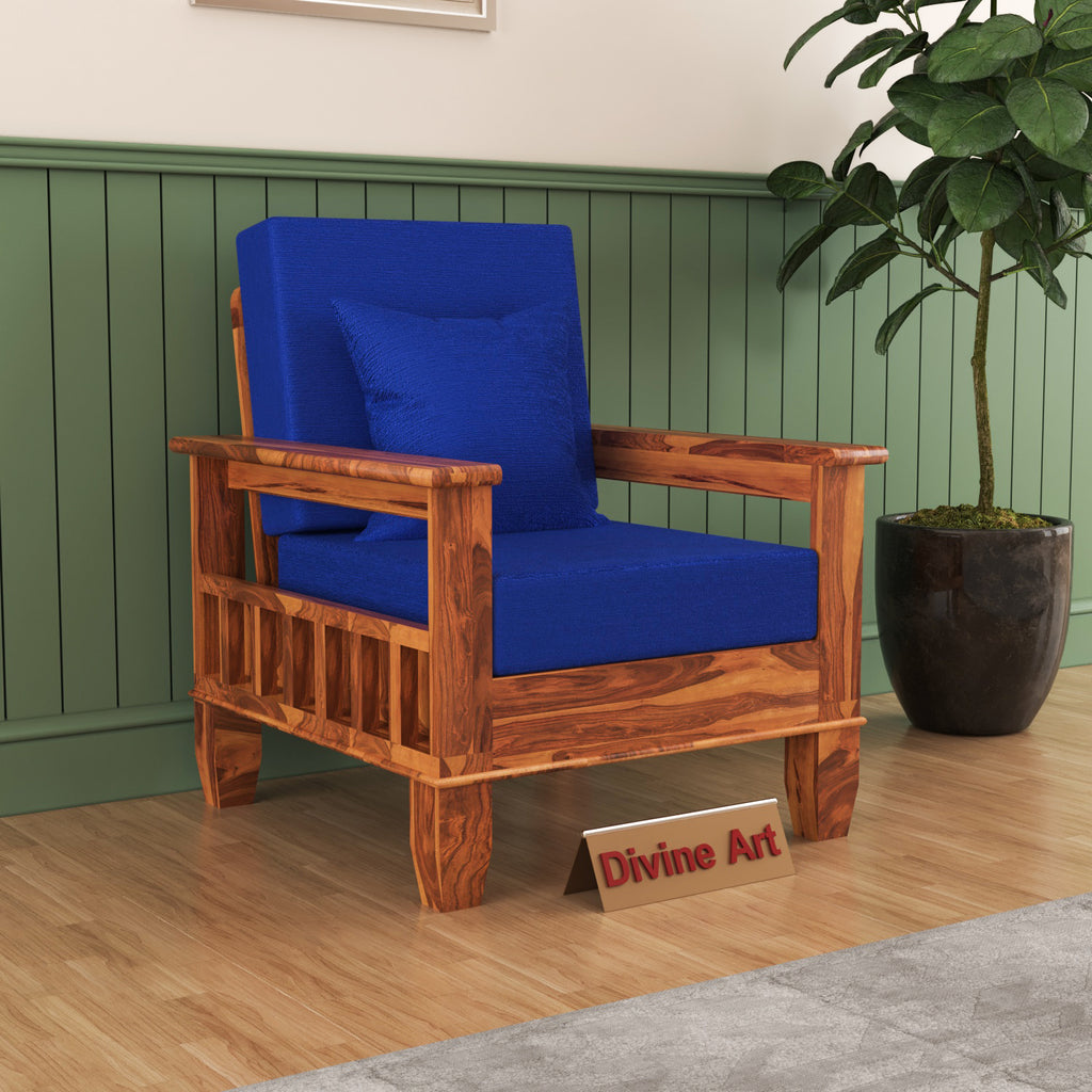 Solid Sheesham Wood Single Seater Sofa Chair with Blue Upholstery – Natural Finish