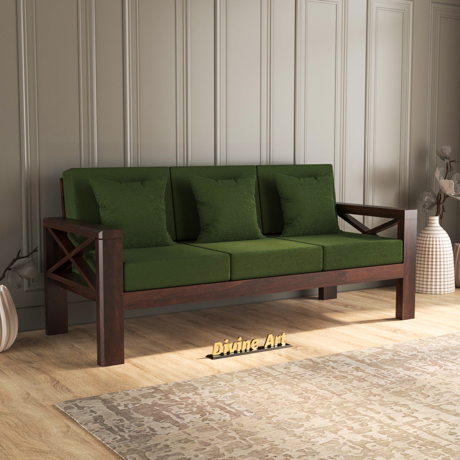 Solvane Sheesham Wood 3 Seater Sofa  | Walnut Finish