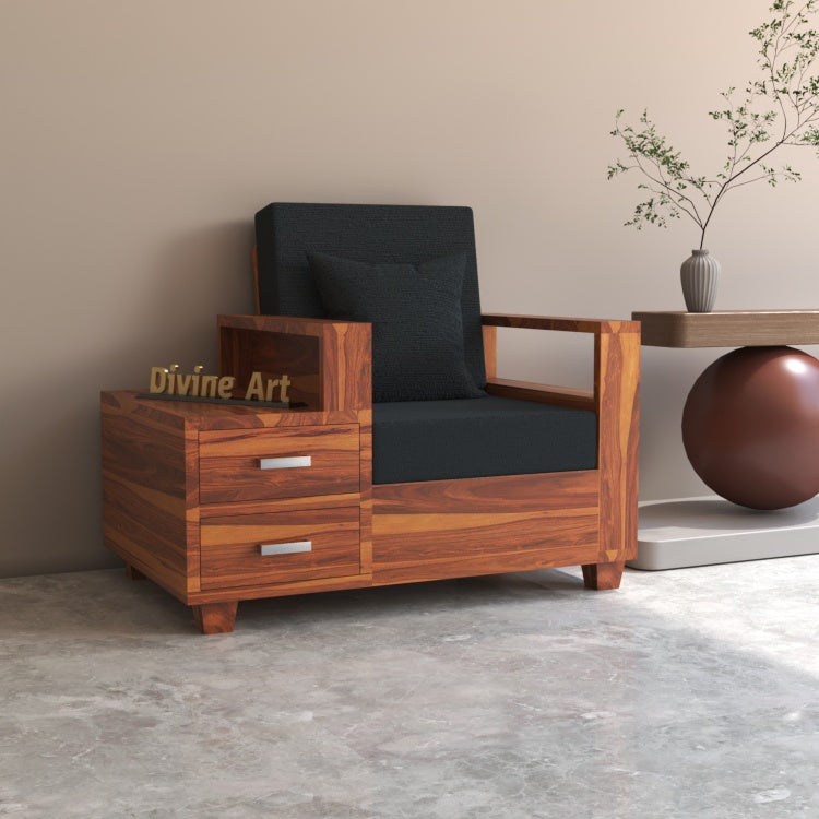 Colaba Sheesham Wood 1 Seater Sofa with Side Box Drawer | Natural Finish