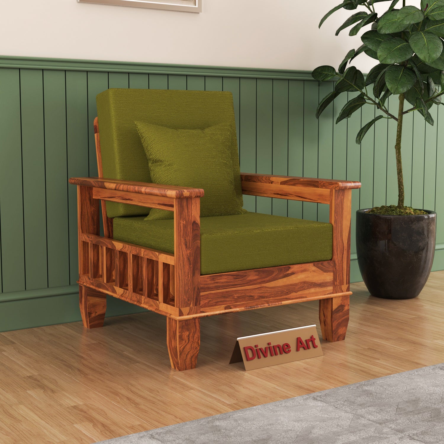 Solid Sheesham Wood Single Seater Sofa Chair with Blue Upholstery – Natural Finish