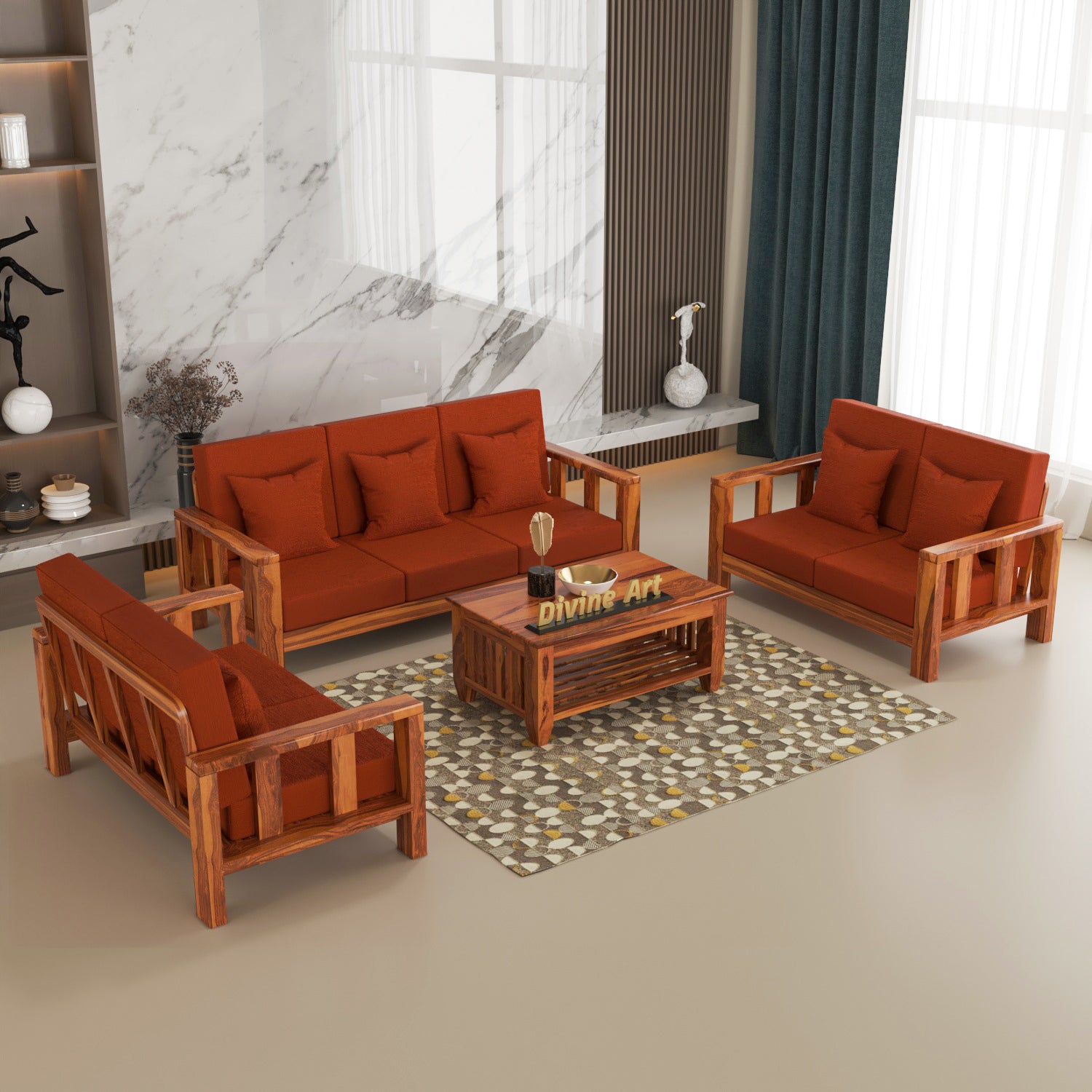 Solid Sheesham Wood 7 Seater Wooden Sofa Set | Natural Finish
