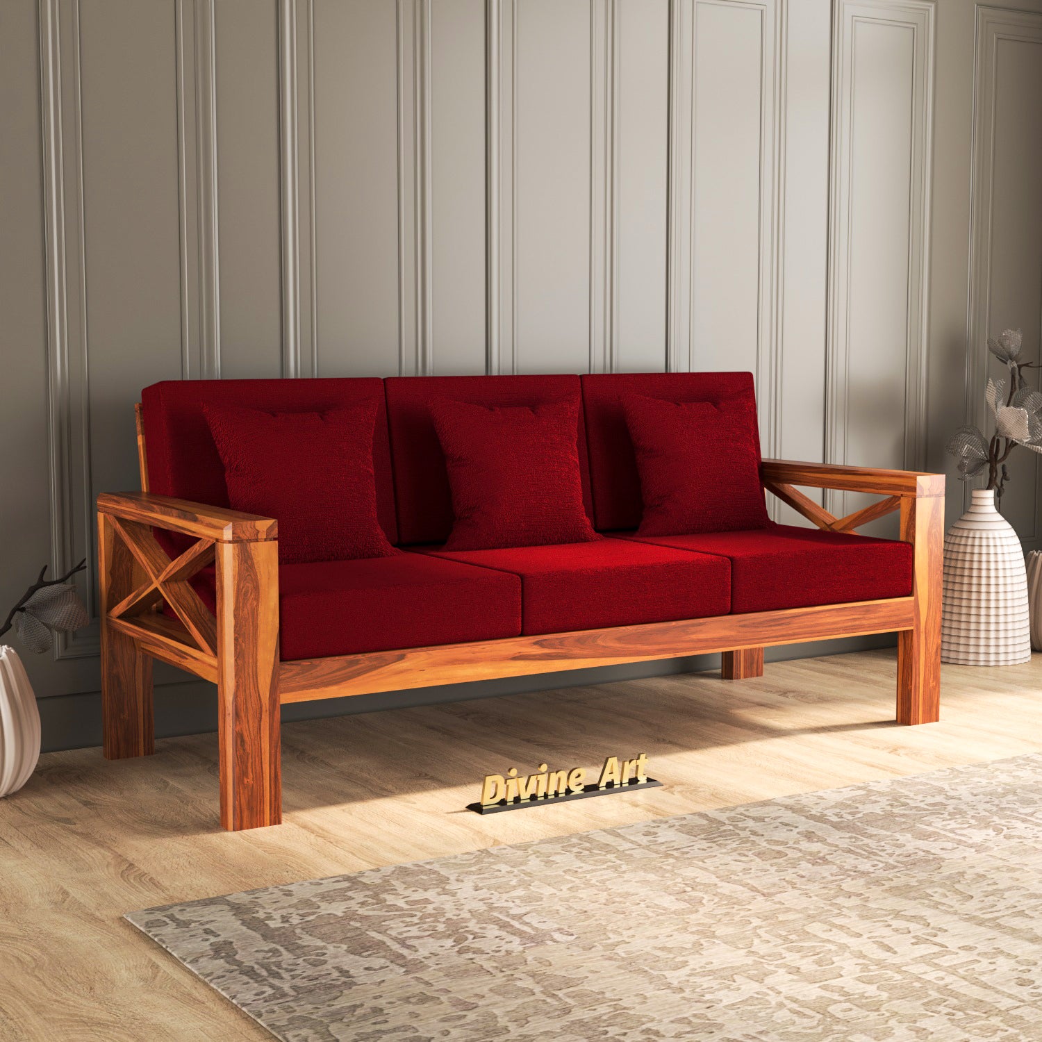 Solvane Sheesham Wood 3 Seater Sofa | Natural Finish