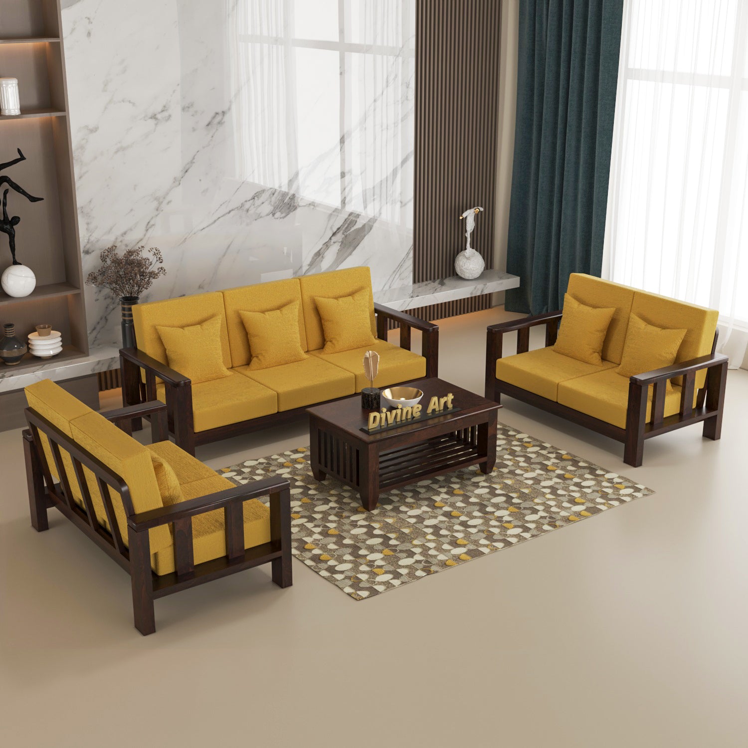 Solid Sheesham Wood 7 Seater Wooden Sofa Set For Modern Living Room