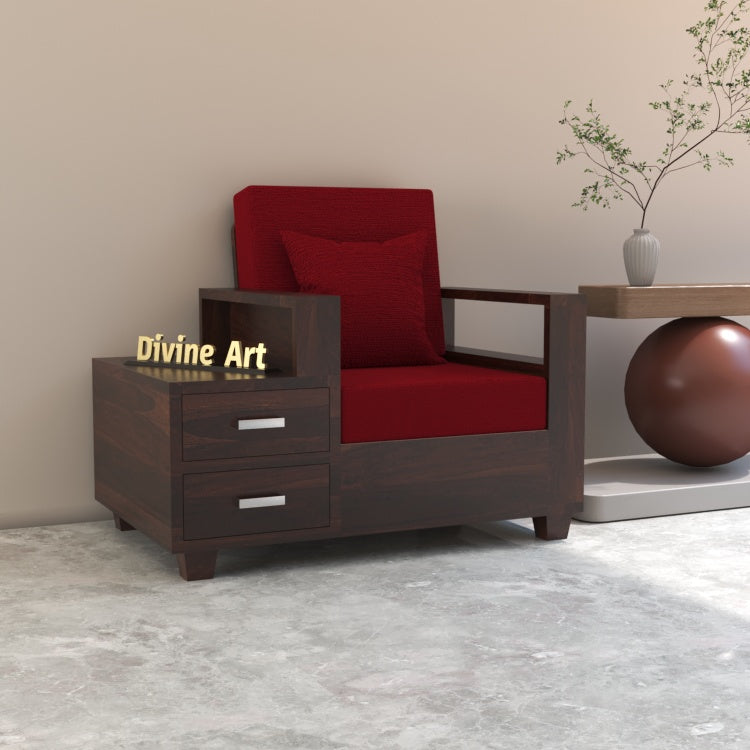 Colaba Sheesham Wood 1 Seater Sofa with Side Box Drawer | Walnut Finish