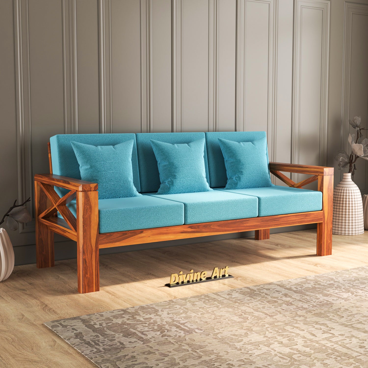 Solvane Sheesham Wood 3 Seater Sofa | Natural Finish